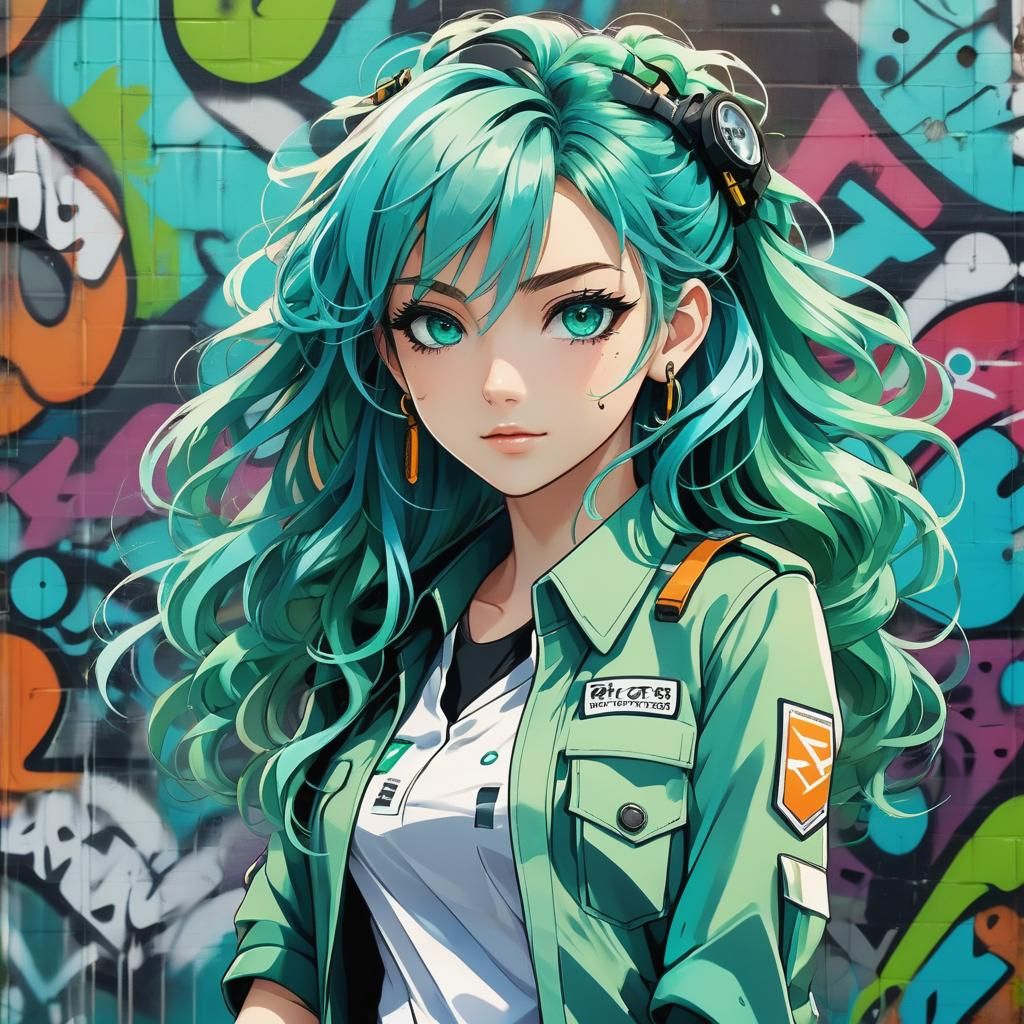Beautiful Mechanic Girl in Graffiti Landscape, Anime Style