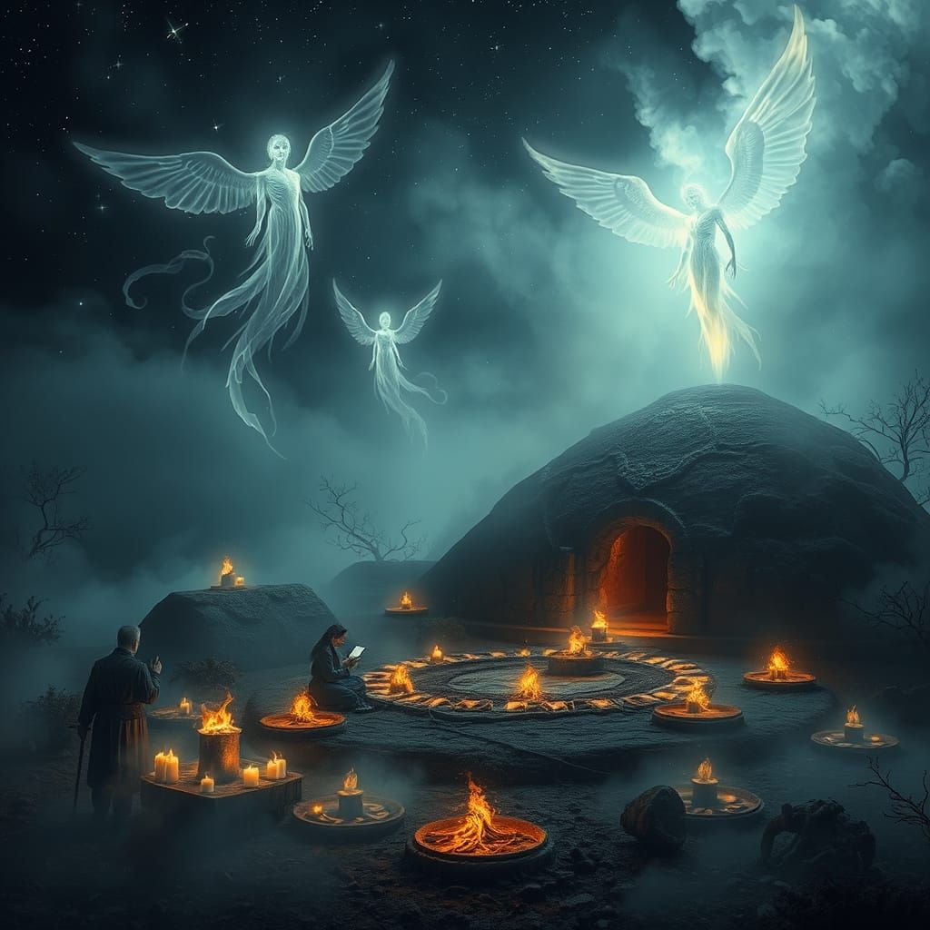 Ethereal Ancestral Spirits Ascend Under Starry Skies
