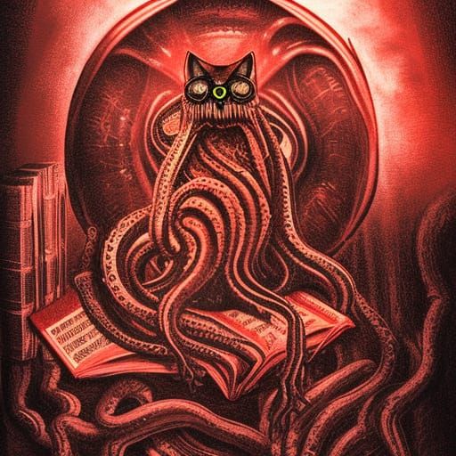 Cthulhu Black Cat in Post-Apocalyptic Library: Giger Illustr...