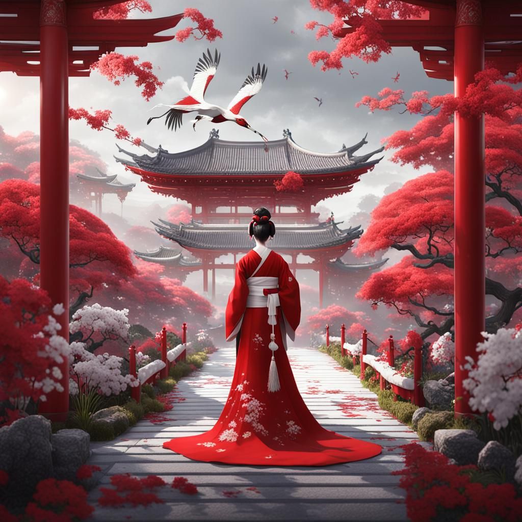 White Geisha and Crane in Garden: Fantasy Art