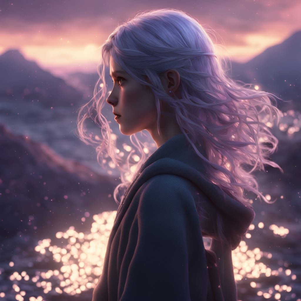 Silver-Haired Girl on Crystalline Cliff, Digital Art