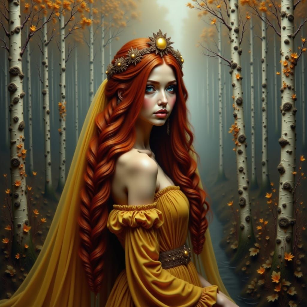 Ethereal Fall Princess in Misty Birch Forest