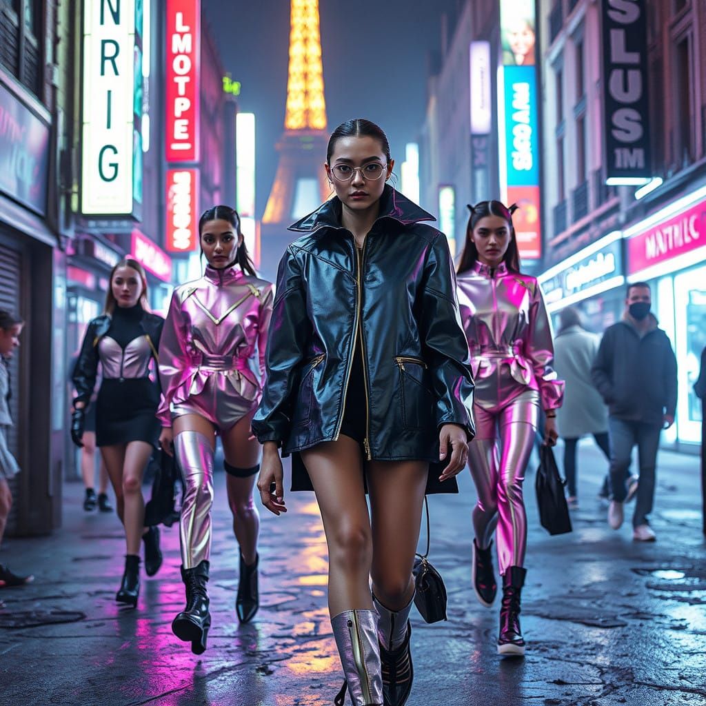 Cyberpunk Paris Fashion Show in Neon-Lit Futuristic City