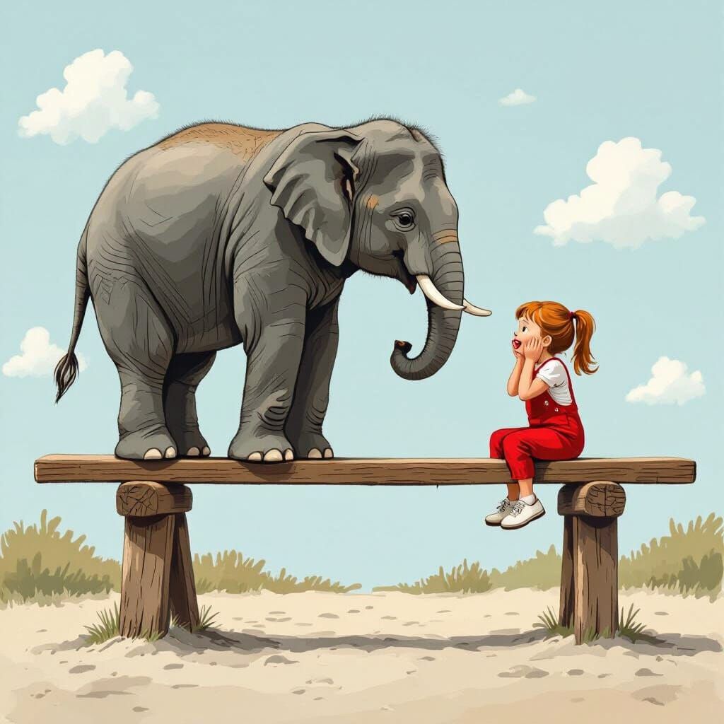 Elephant and Girl on Seesaw in Children's Book Style