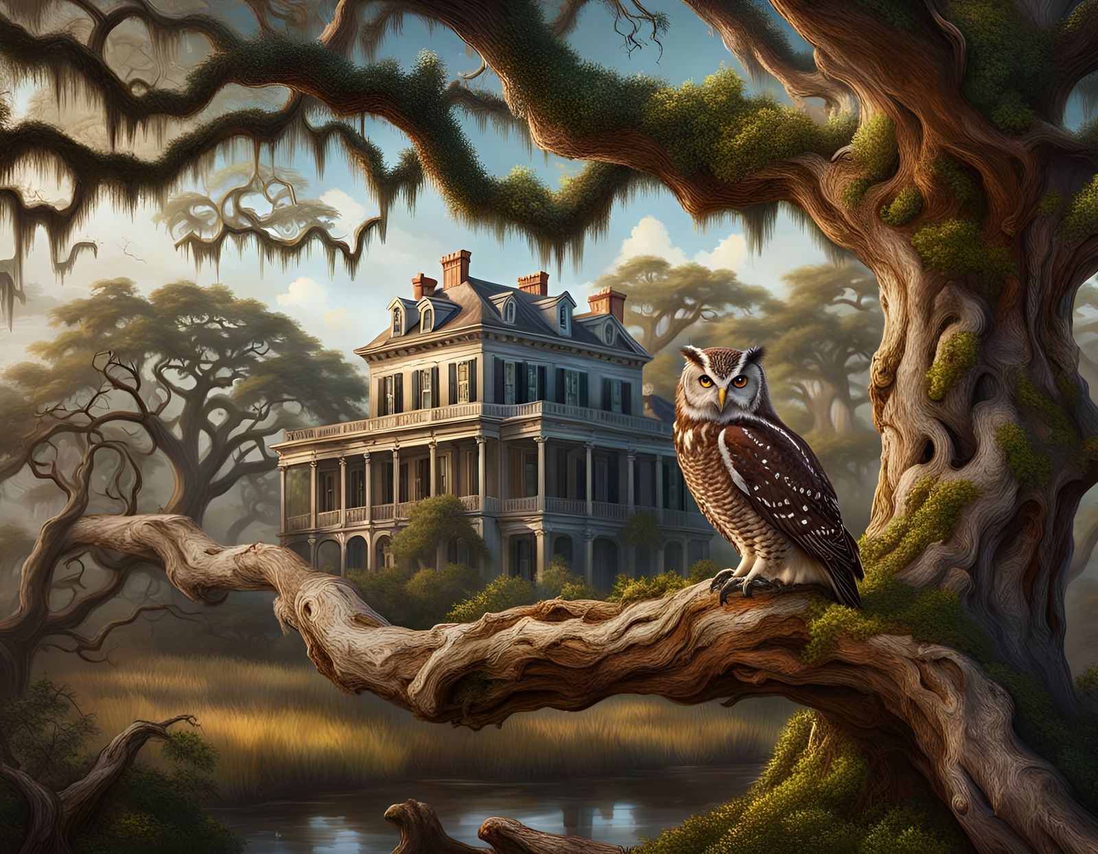 Louisiana Hoot Owl Perched in Fantasy Landscape