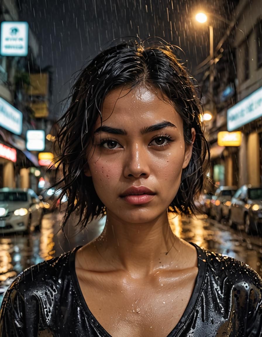 Indonesian Woman in Rainy Street: Realistic Raw Photo