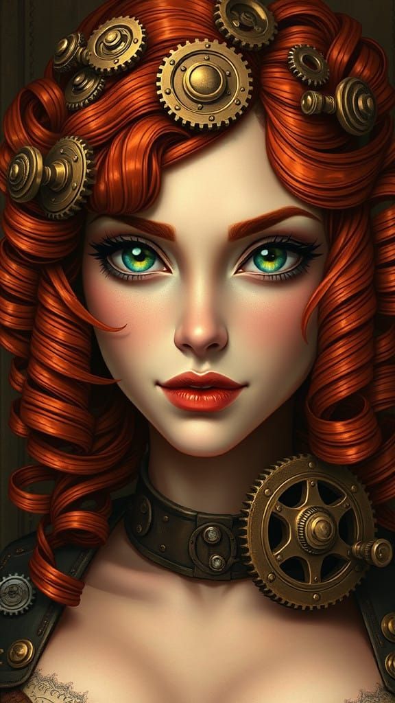 Steampunk Goddess with Gears and Green Eyes