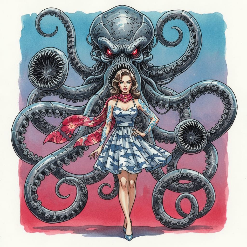 Woman vs. Biomechanical Kraken in Watercolor Pinup Style