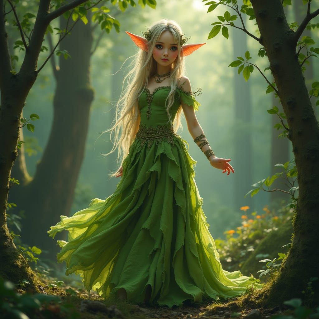 Elf in Leaf Dress in Whimsical Forest