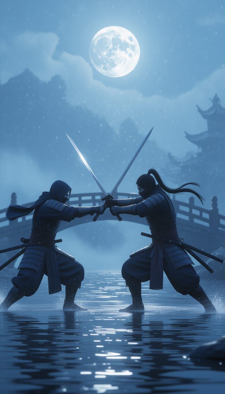 Masked Warriors Clash Under Moonlight: Anime Style