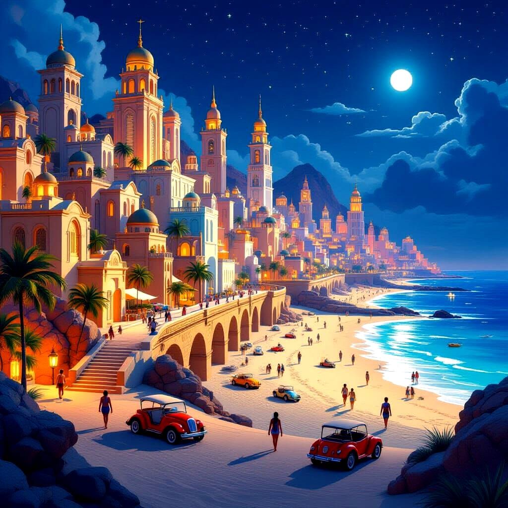 Sandy City on a Beach at Night