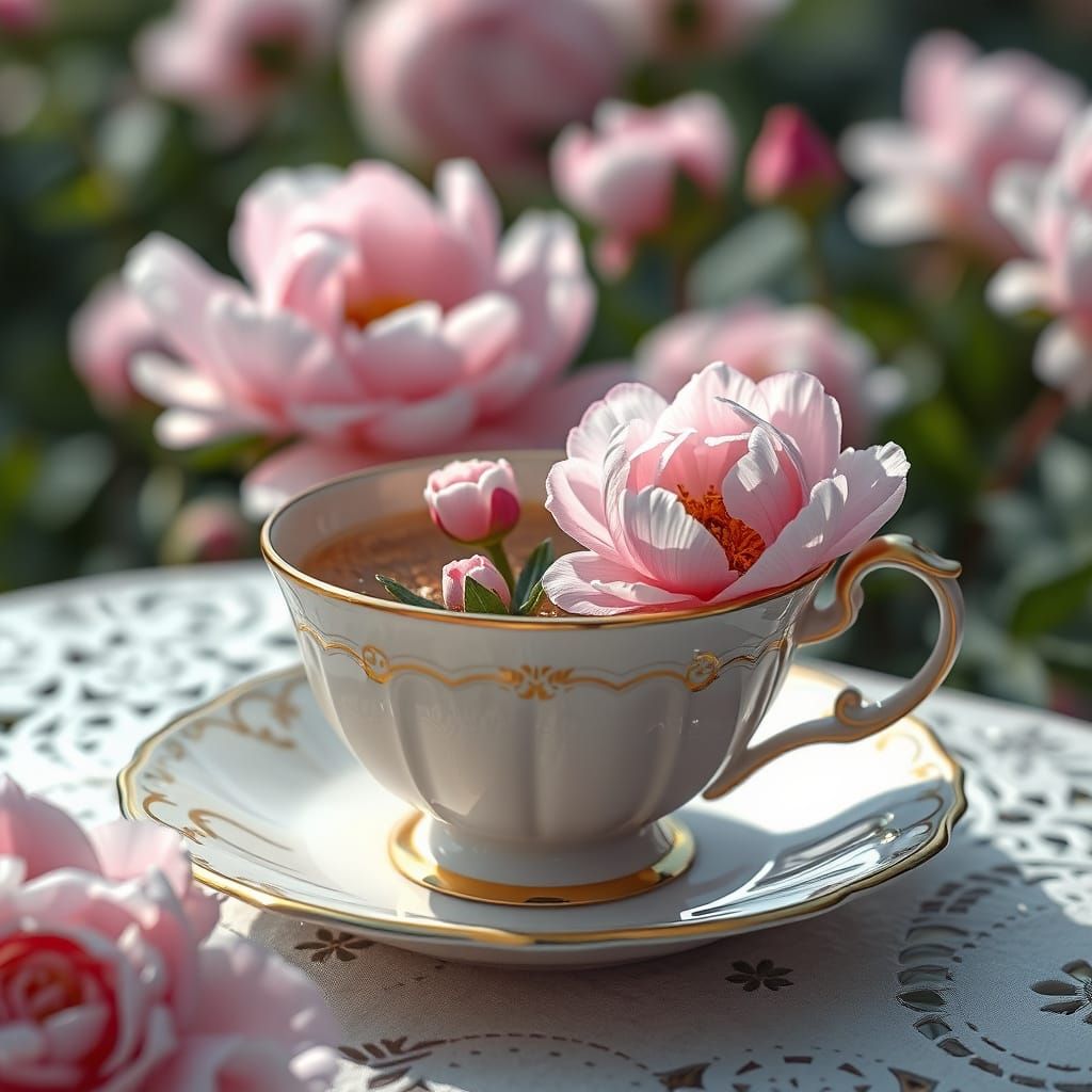 Elegant Hyperrealistic Peony Garden in a Delicate Teacup