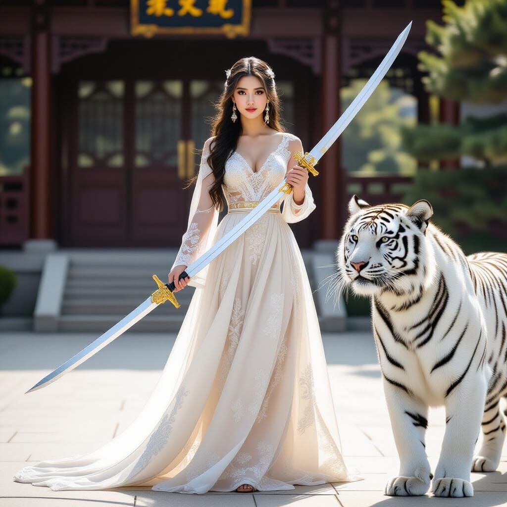 Girl with Sword and White Tiger