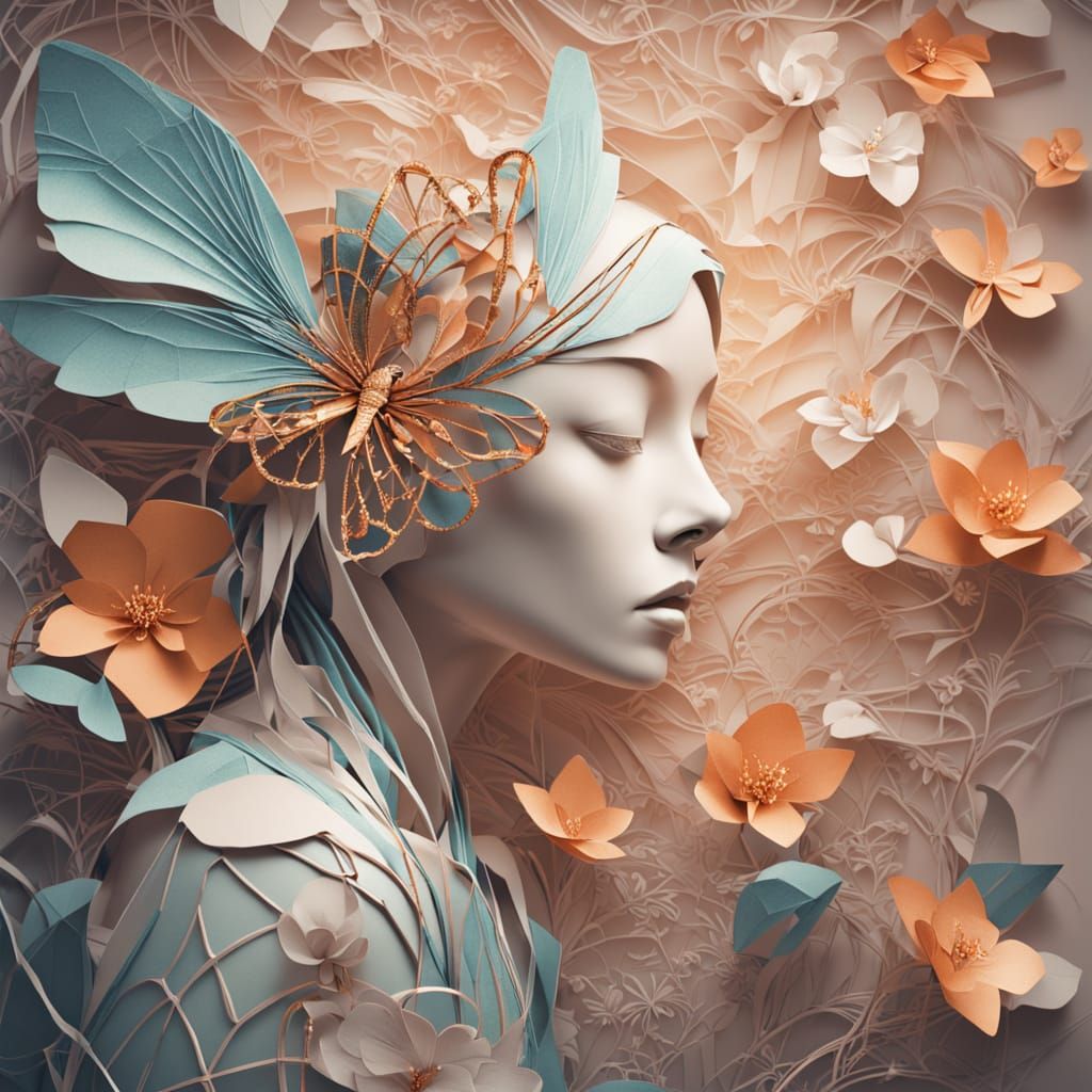 Ethereal Origami Fairy in Copper Floral Wonderland