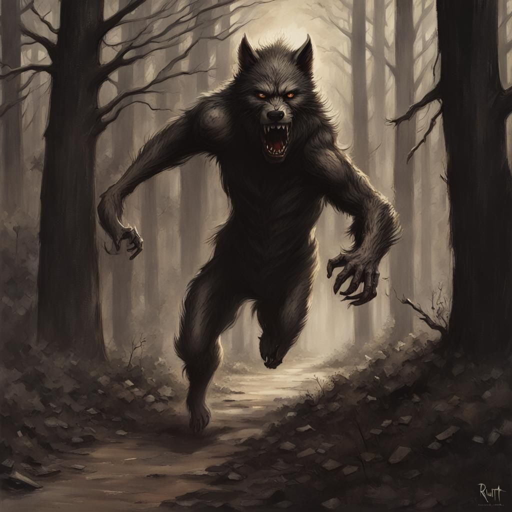 Female Werewolf Chasing Man Through Woods