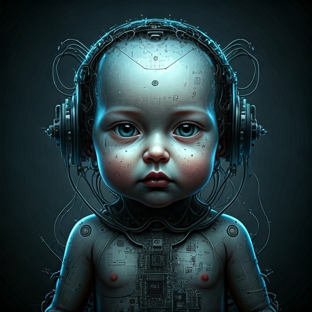 Futuristic AI Baby with Organic Motherboard