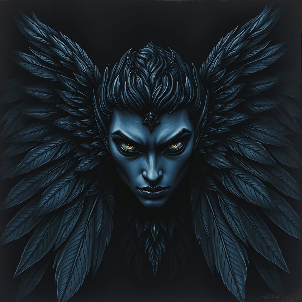 Majestic Black Angel with Intricate Lace-Like Wings