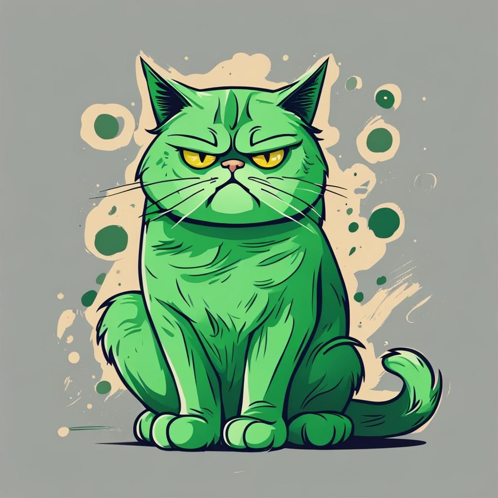 Cute Grumpy Green Cat Illustration