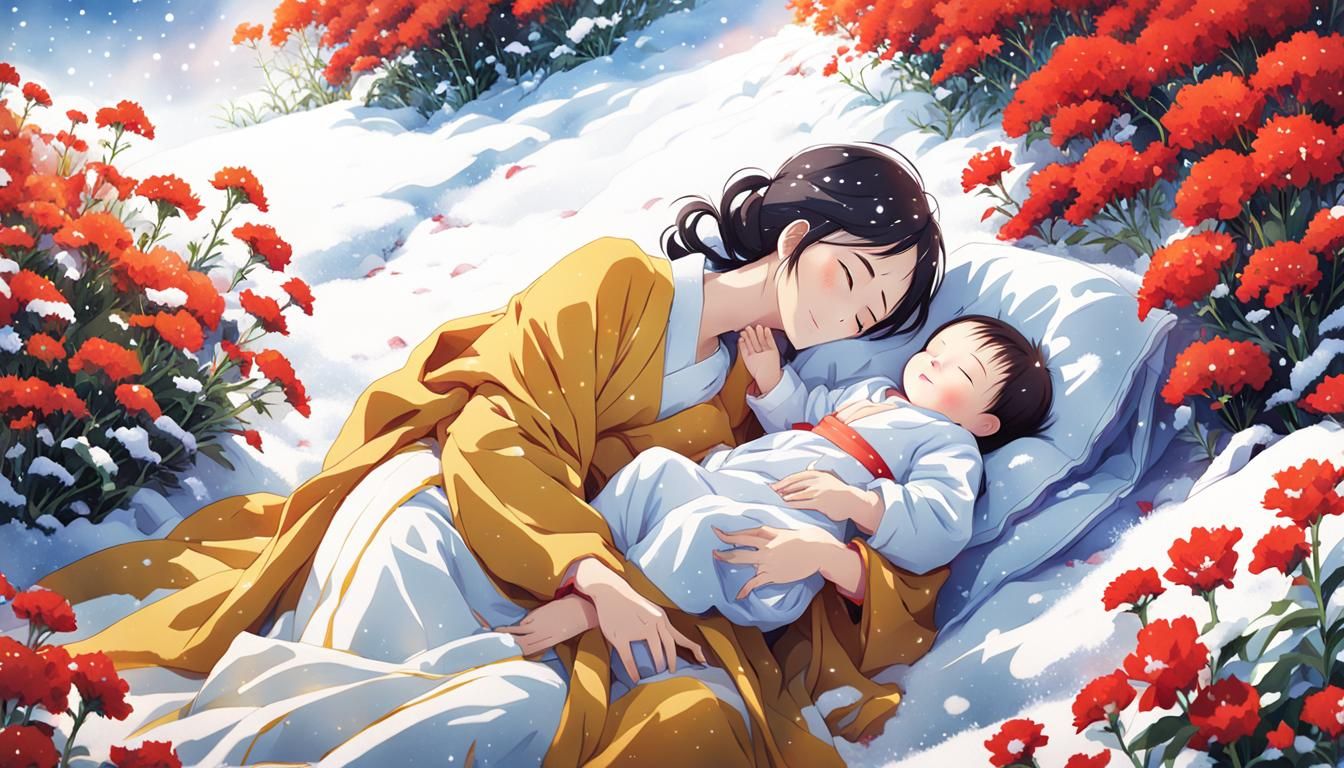 Serene Anime Mother and Baby in Winter Scene