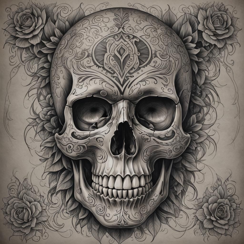 Day of the Dead Skull with Tribal Tattoo Motifs
