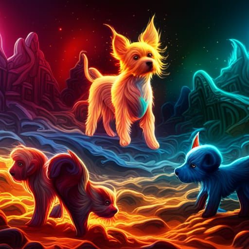Colorful Puppies in Detailed Digital Art