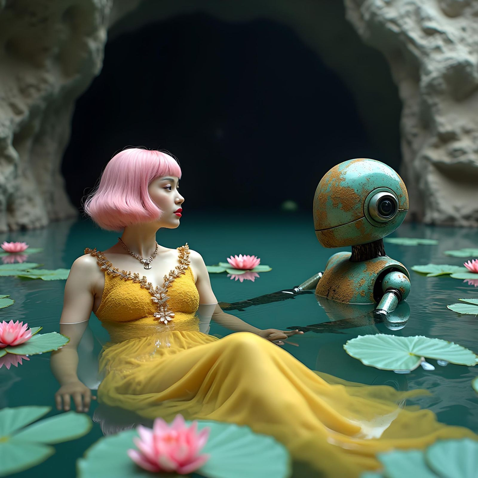 Retro-Futuristic Woman and Robot in Pre-Raphaelite Style