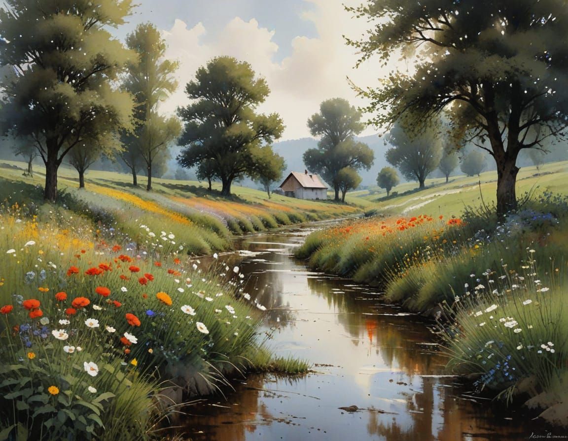 Idyllic Watercolor Landscape with Vibrant Wildflowers and Bl...