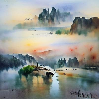 Wulingyuan Mountains: Misty Dawn Watercolor