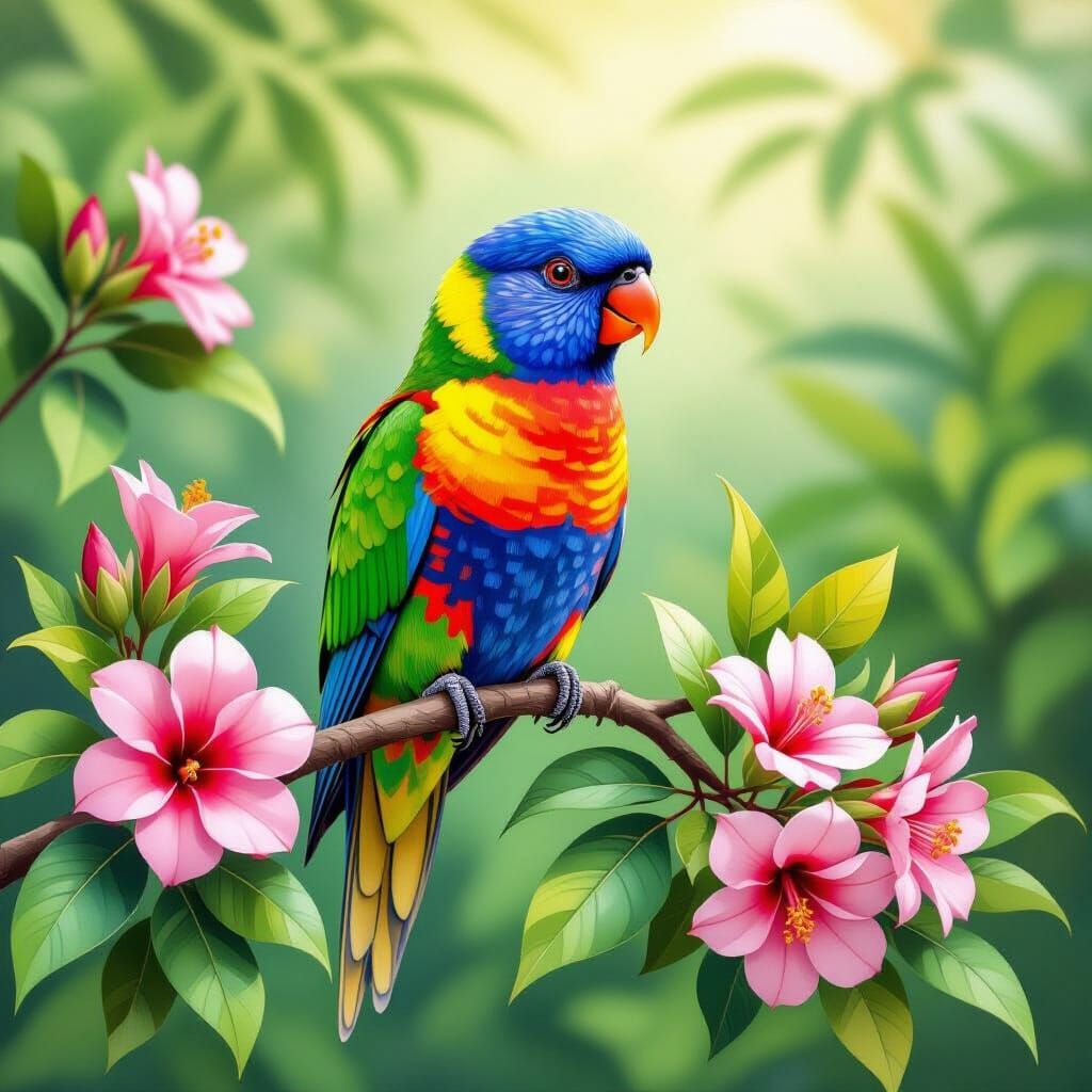 Colorful Lorikeet with Exotic Flowers, Vivid Art