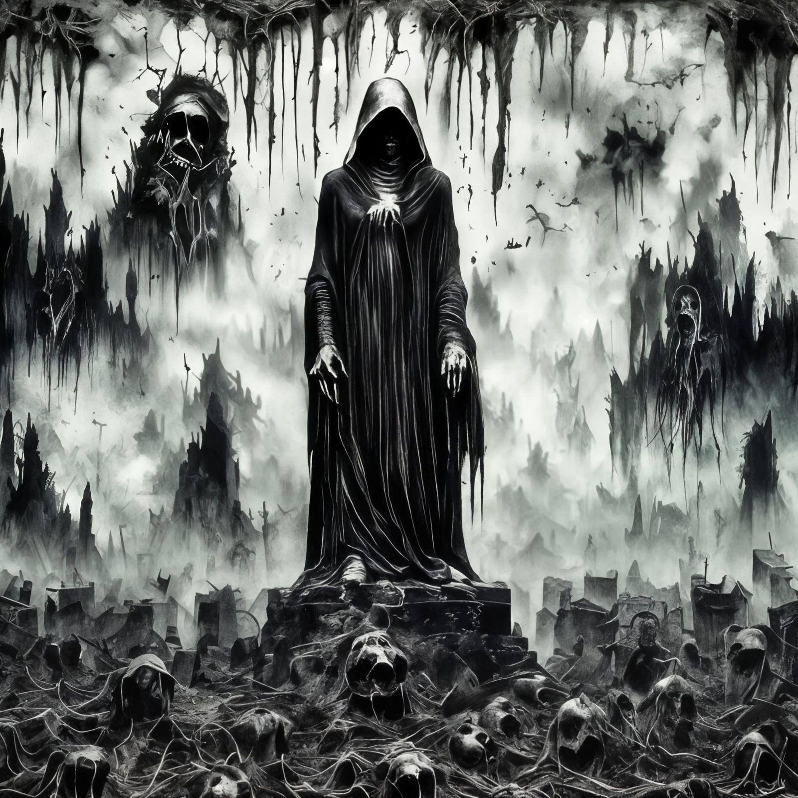 Grim Reaper Standing in a Haunted Graveyard Scene in Dark Fa...