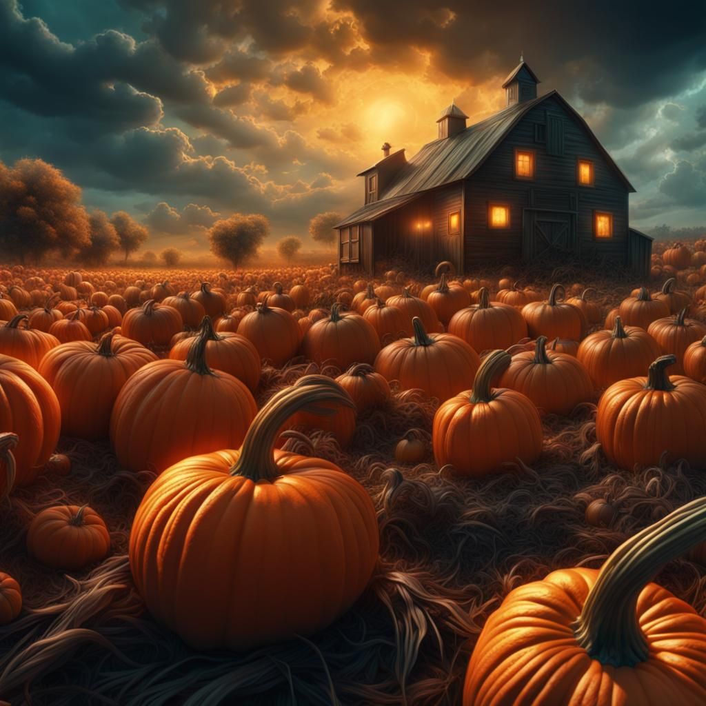 Glowing Pumpkins: Detailed Farm Harvest in Digital Art
