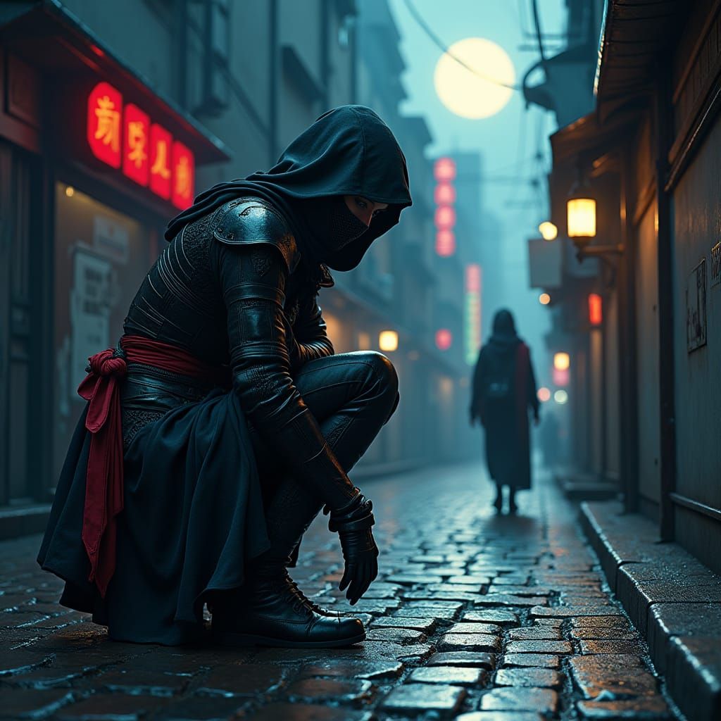Hooded Assassin in Dark Alleyway, Gothic Biomechanical Style