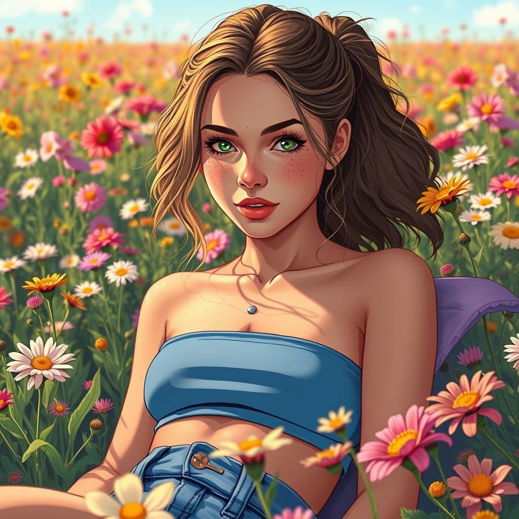Woman Lounging in Flower Field in Graphic Novel Style