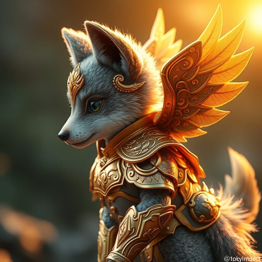 Winged Wolf Pup in Gold Armor: 3D Anime Art