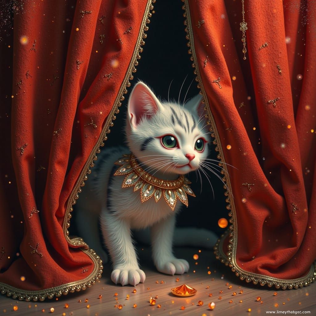 Kitten Peeking from Velvet Curtain in Vintage Style