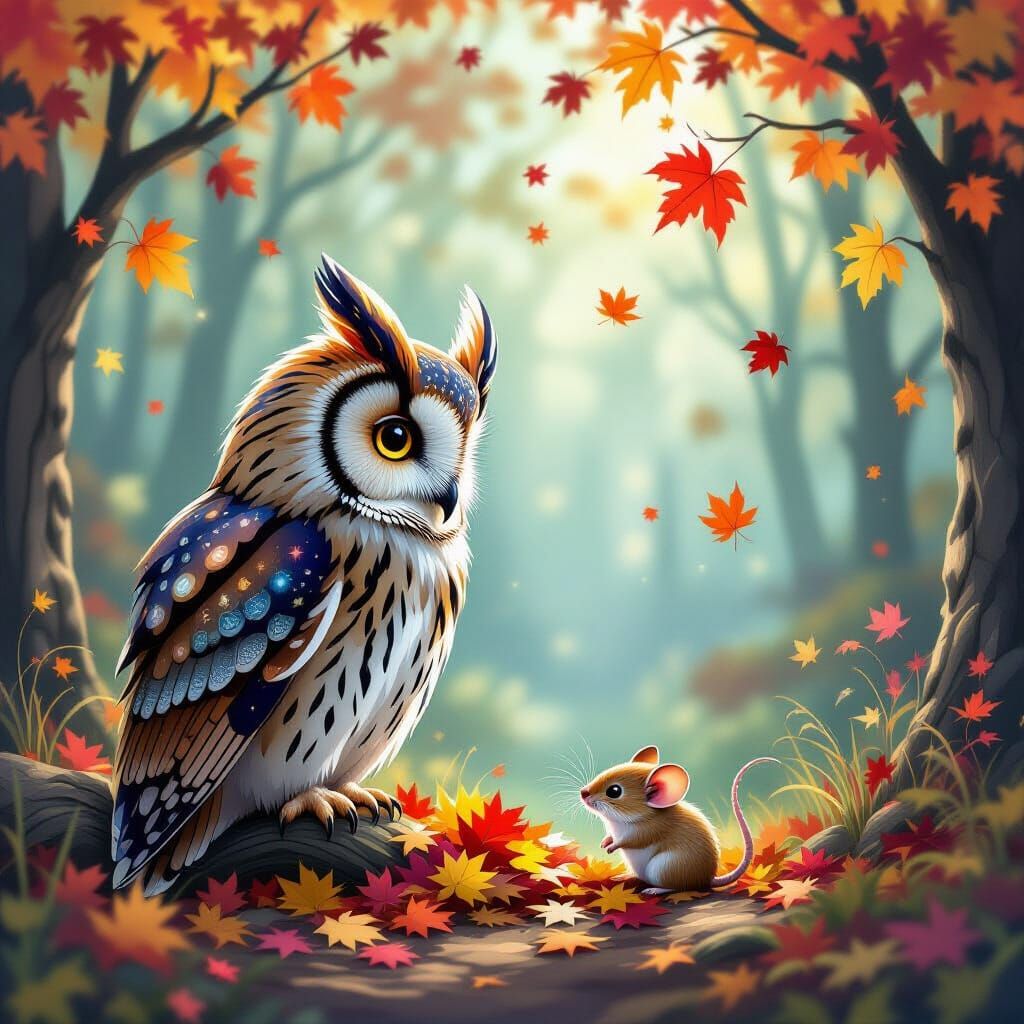 Wise Owl Watches Mouse in Magical Autumn Forest