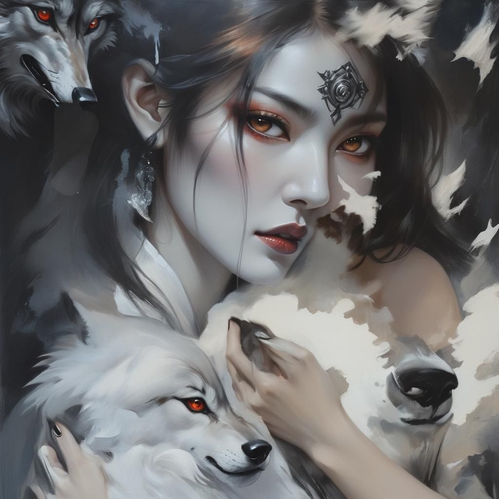 Woman and Wolf Overlapping in Gothic Oil Painting