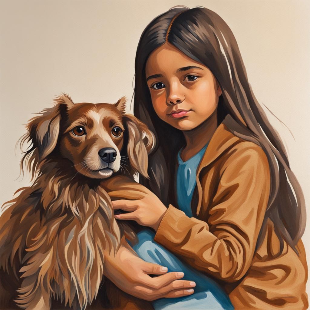 Girl with Dog: Detailed Gouache Painting