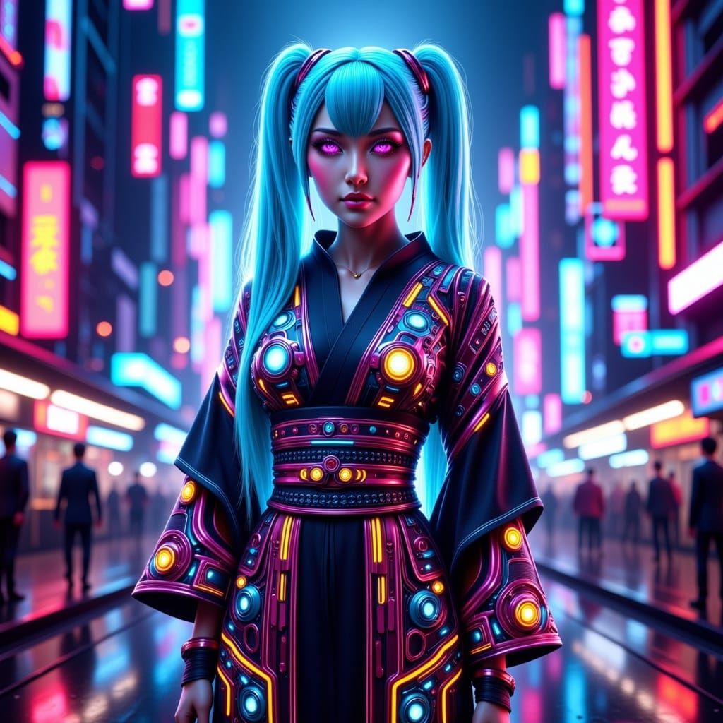 Cyborg Miku Hatsune in Kimono, Neon Cityscape