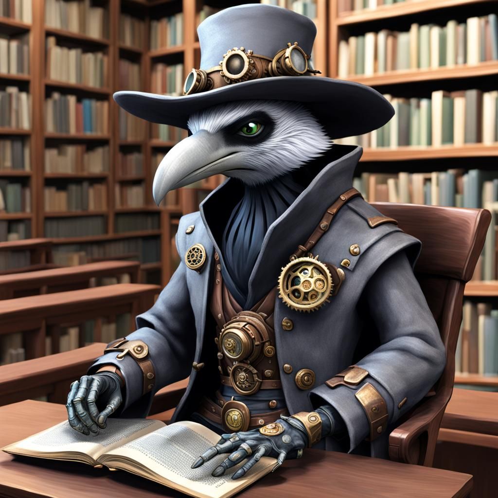 Steampunk Kenku Spore Druid in Library