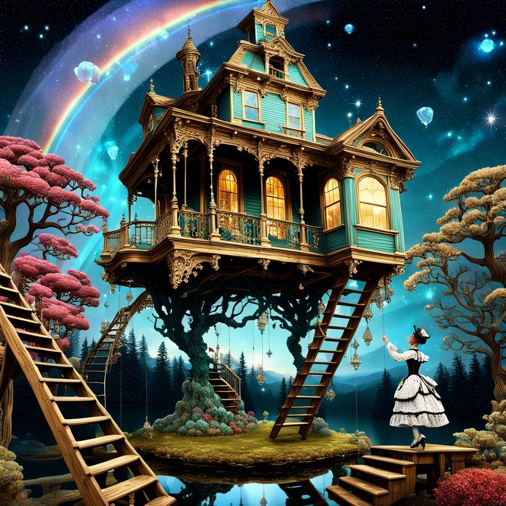 Surreal Victorian Figure Climbing to Upside-Down House