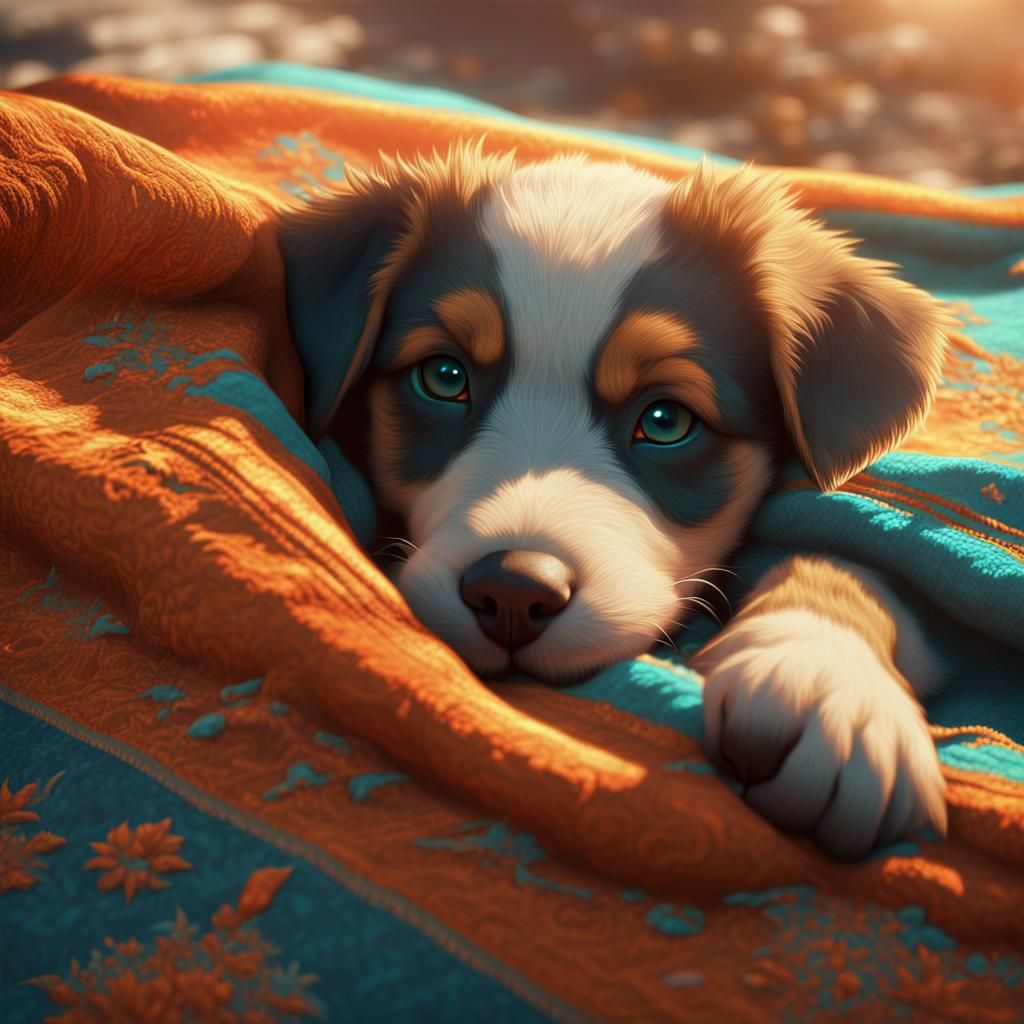 Puppy Under Embroidered Blanket in Morning Sun