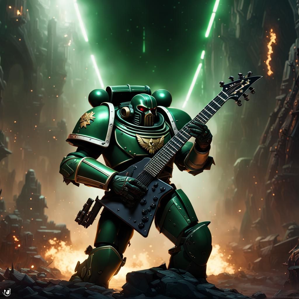 Sci-Fi Space Marine Shreds Guitar in Warhammer 40k Style