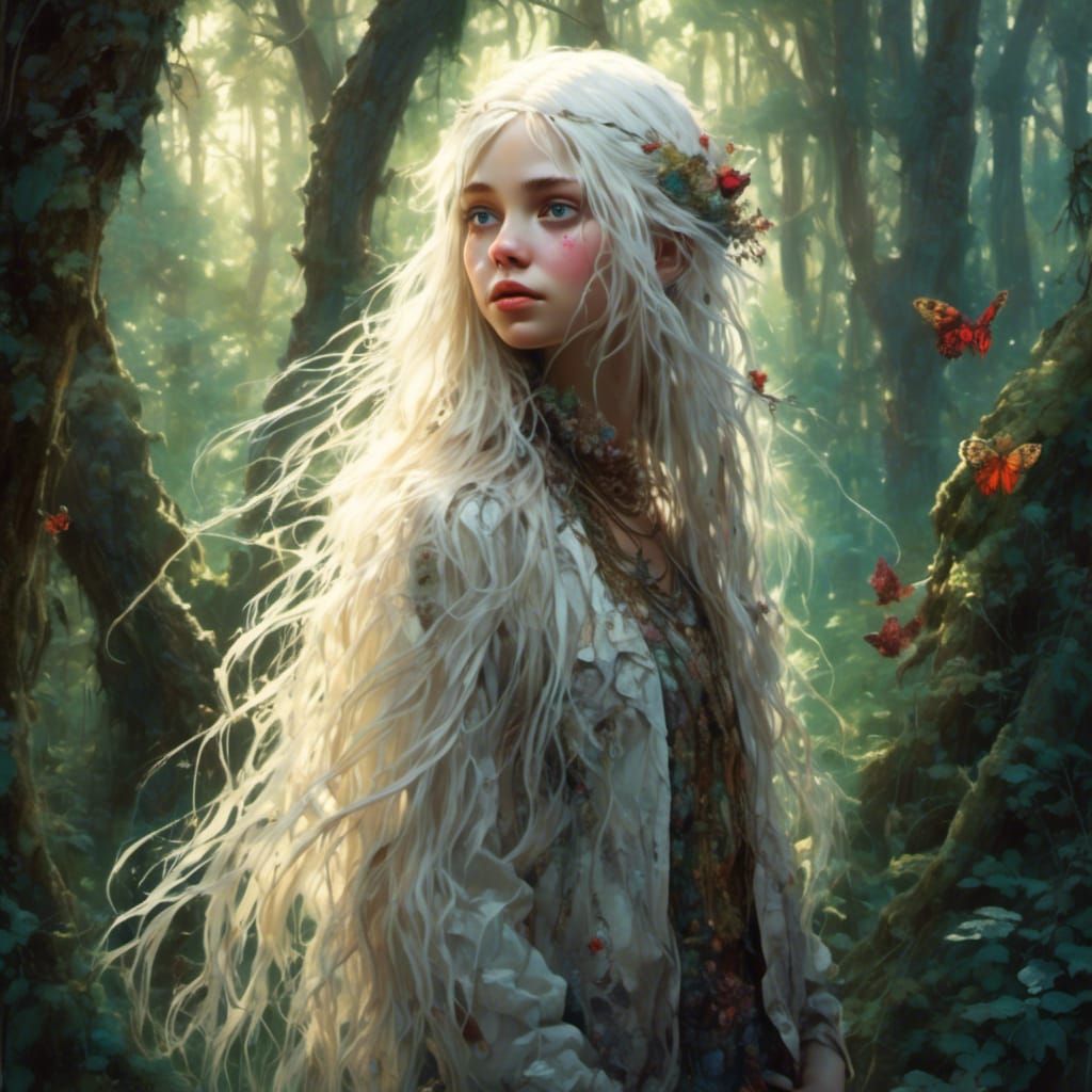 Girl Foraging in Dark Forest with Animals