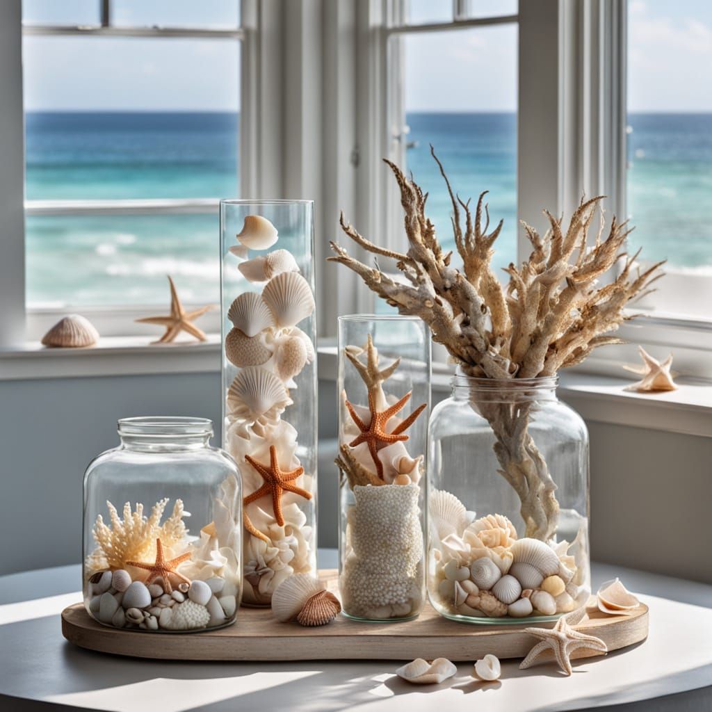 On a table by a window overlooking the ocean, a large glass ...