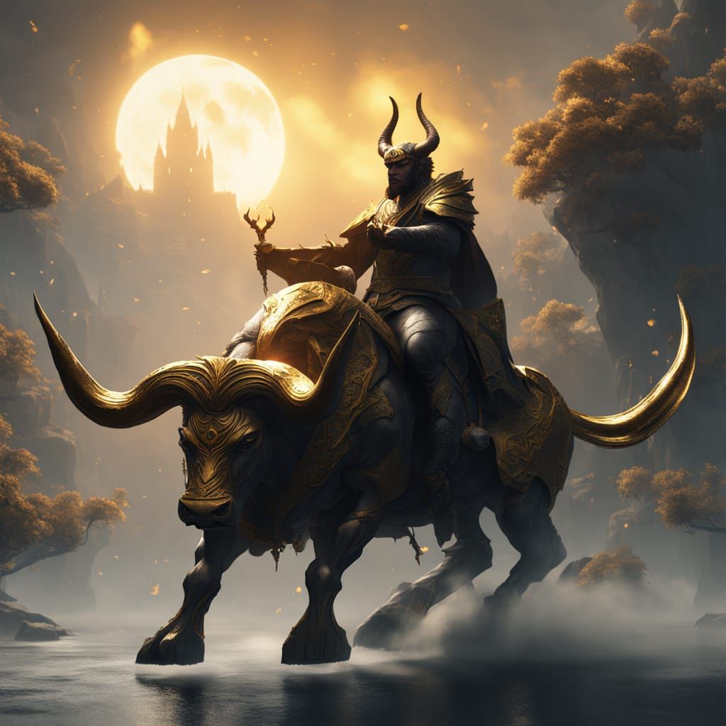 Majestic Black Bull Ride in Golden Ornate Attire