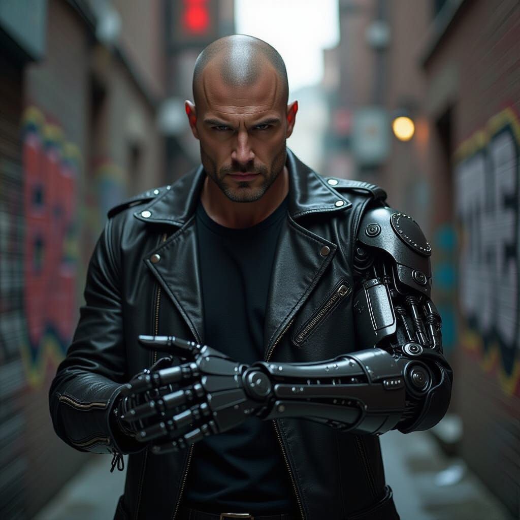 Menacing Man Unveils Metallic Arm in Dark Alleyway