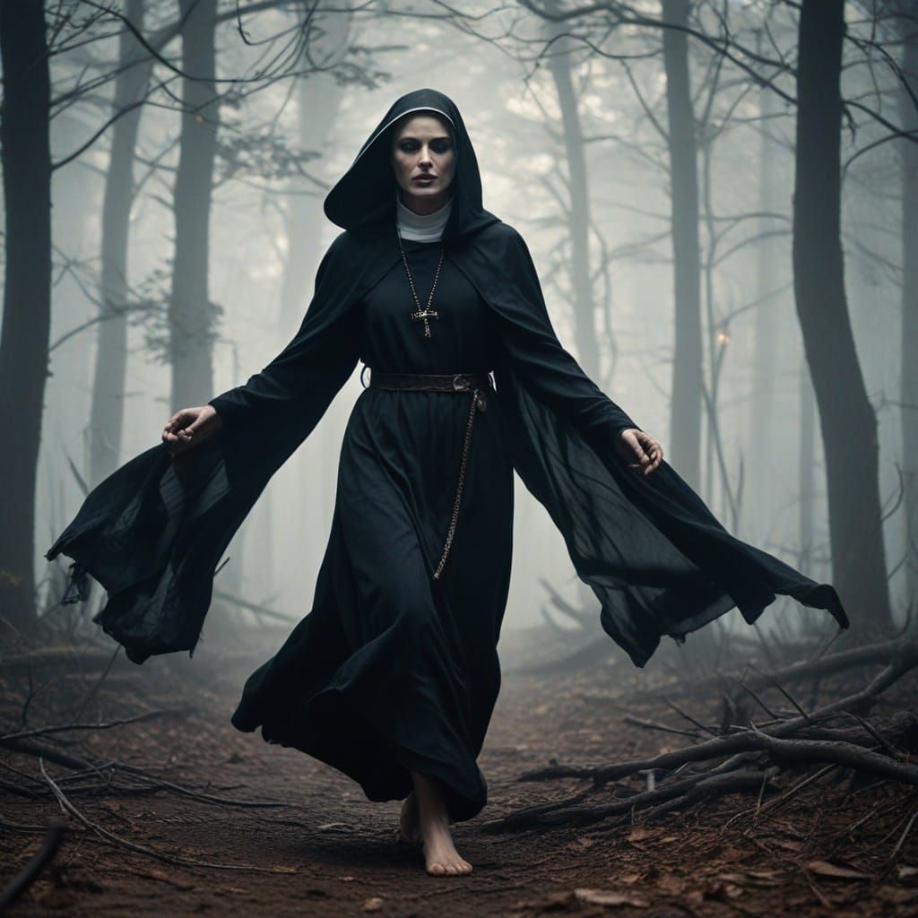 Mysterious Nun in a Haunting Dark Fantasy Scene