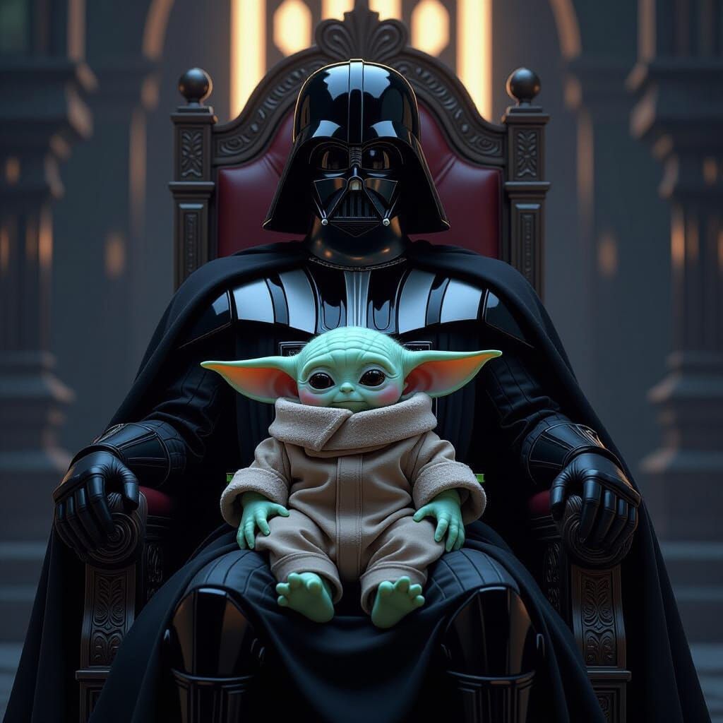 Baby Yoda and Darth Vader on Throne, Dark Fantasy Style
