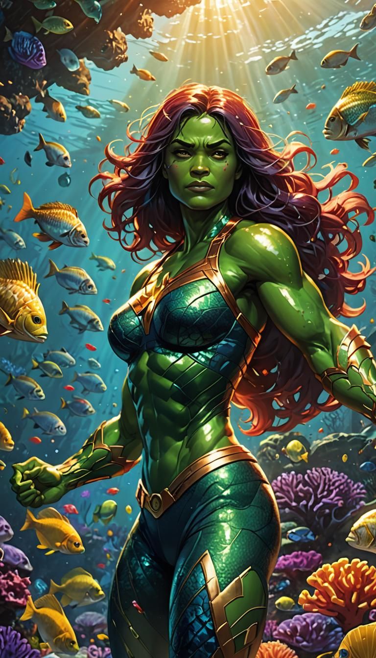Miss Hulk Triumphant in a Coral Reef, Comic Book Art
